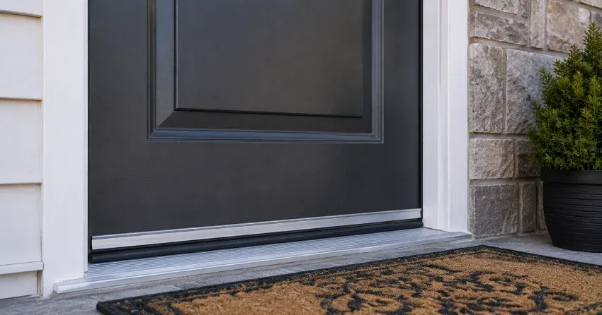 technician replacing worn door weatherstripping in Maple, Burlington home