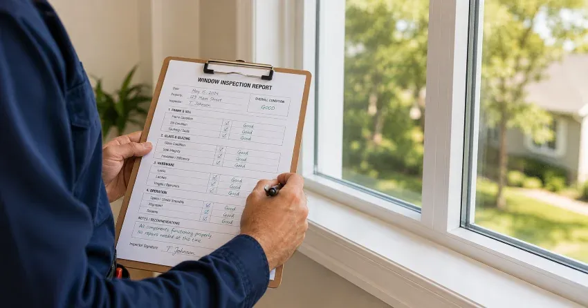 technician inspecting window seal and frame in Maple, Burlington