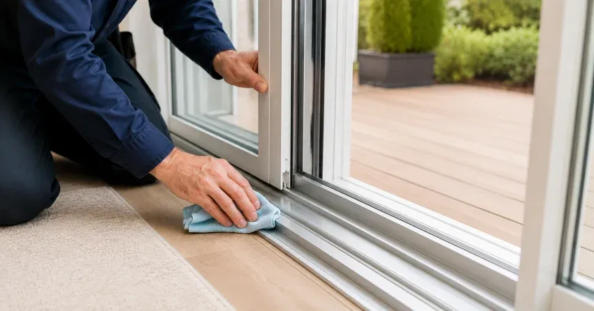 technician inspecting a sliding patio door track in Appleby, Burlington