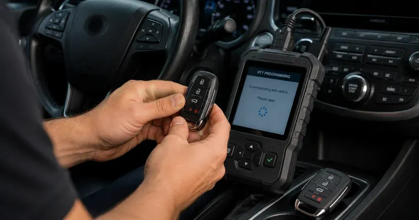 technician inspecting a worn car key before replacement in Burlington