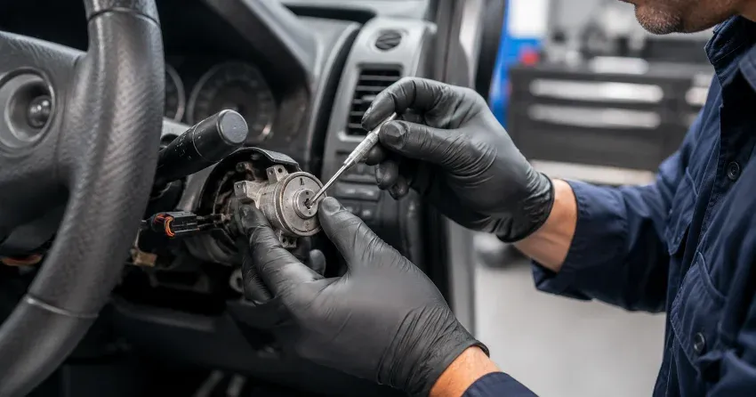 technician diagnosing an ignition lock repair issue in Maple, Burlington