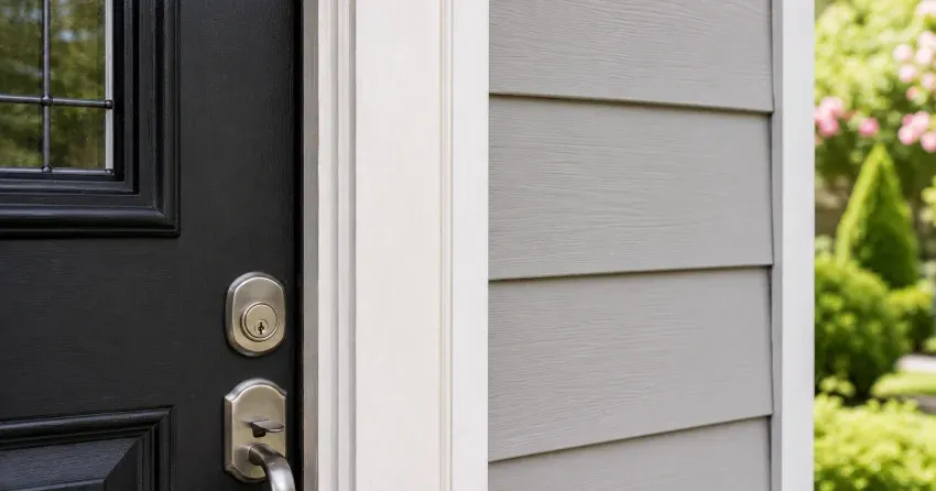 technician inspecting door jamb behind cracked casing in Burlington home