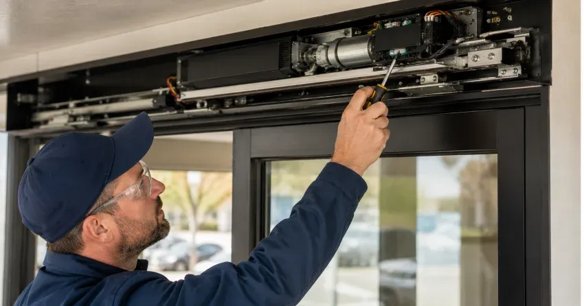technician completing automatic door repair on residential property in Mountainside, Burlington