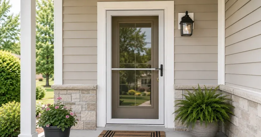 technician hanging storm door square and plumb in Maple, Burlington