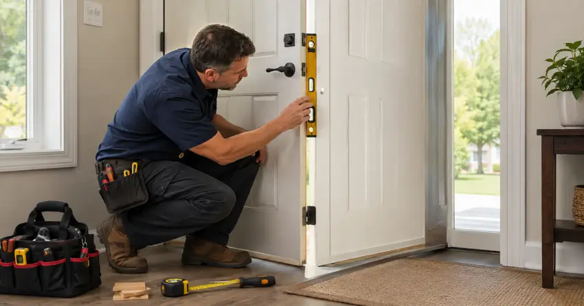 technician diagnosing a misaligned door frame in Freeman, Burlington