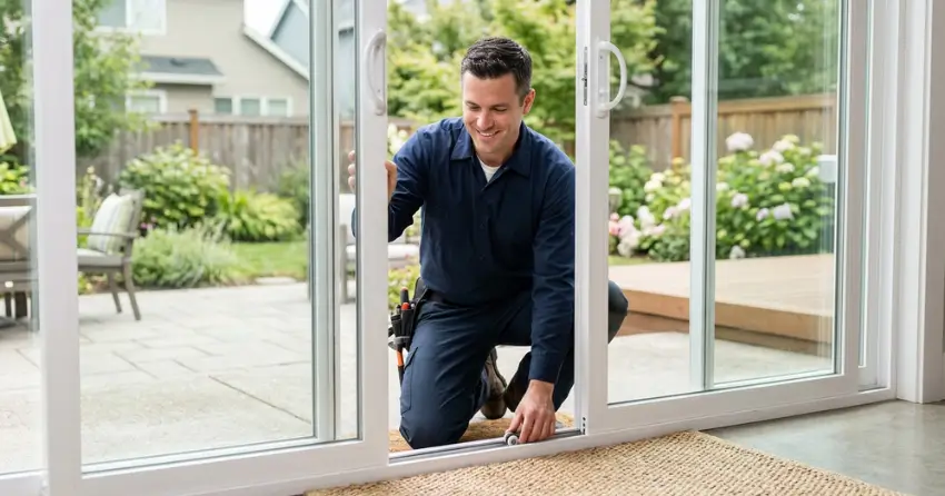 technician diagnosing a sticking patio door in Dynes, Burlington