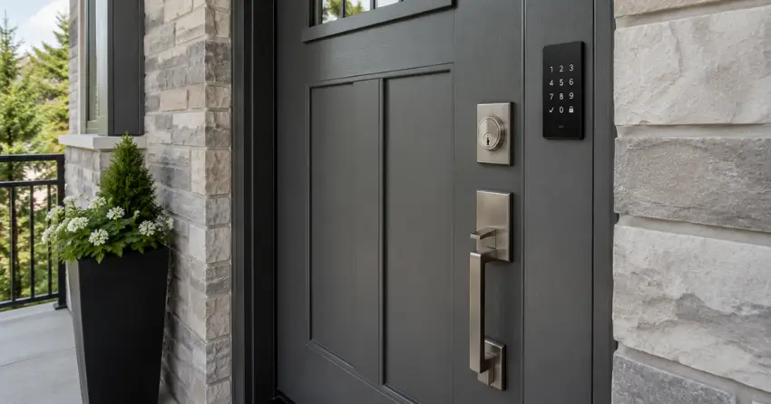 High-security door hardware and access control keypad installed on a residential entry door in Burlington