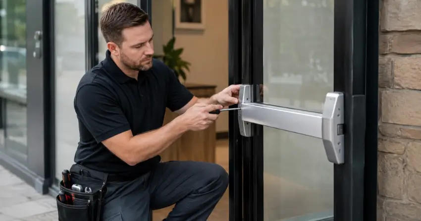 commercial locksmith repairing exit device on storefront door Burlington