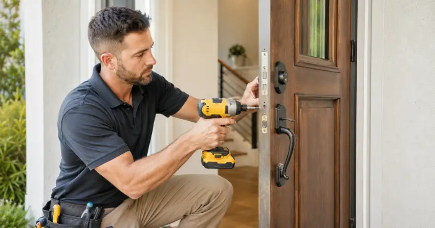 locksmith installing new deadbolt lock on front door in Dynes, Burlington