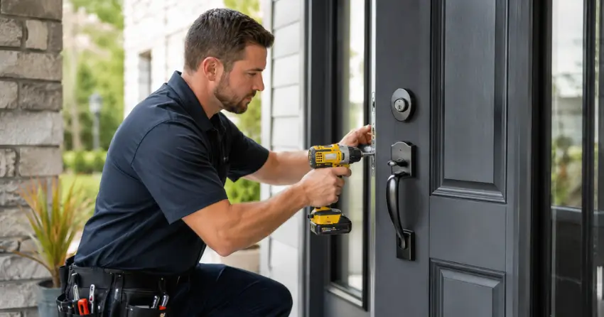 locksmith installing deadbolt lock on exterior door in Appleby, Burlington