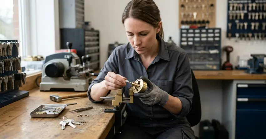 locksmith technician rekeying a deadbolt in Burlington