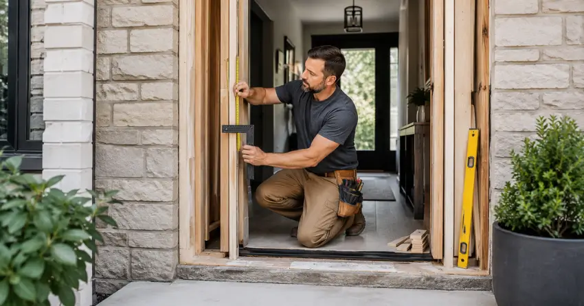 exterior door installer assessing rough opening in Appleby, Burlington