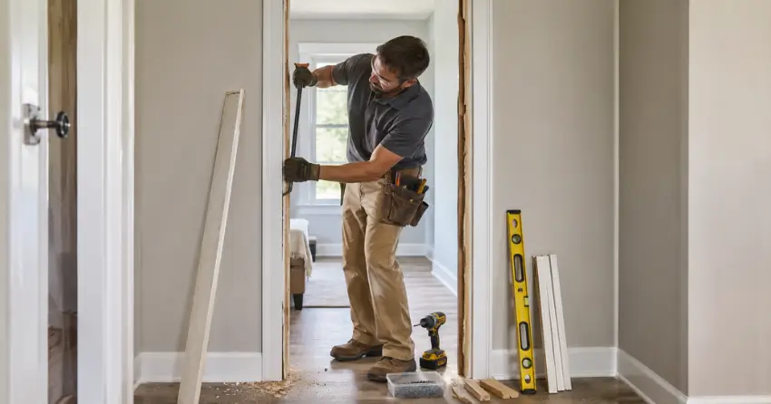 technician removing an old interior door frame during installation Burlington