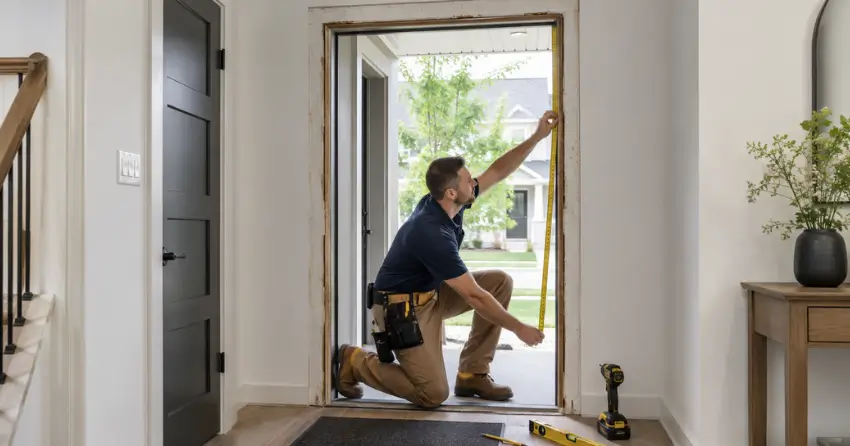 technician measuring a door frame before new door installation in Nelson, Burlington