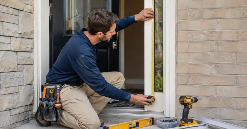 technician measuring door frame before storm door install in Burlington