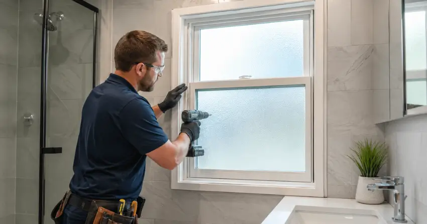 frosted glass installation bathroom window in Mountainside, Burlington
