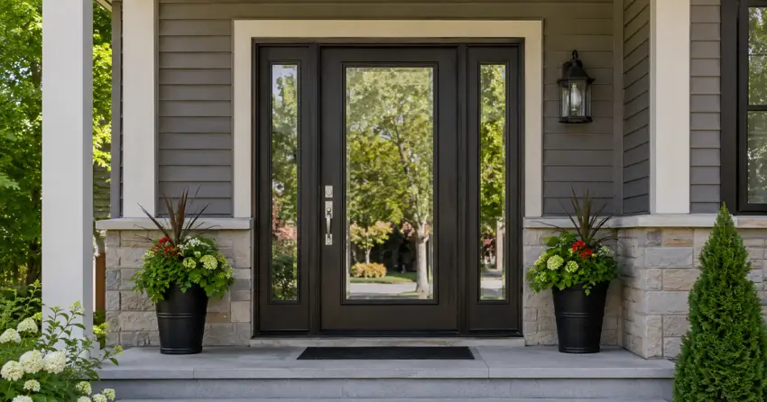glass entry door with sidelights on a home in Millcroft, Burlington