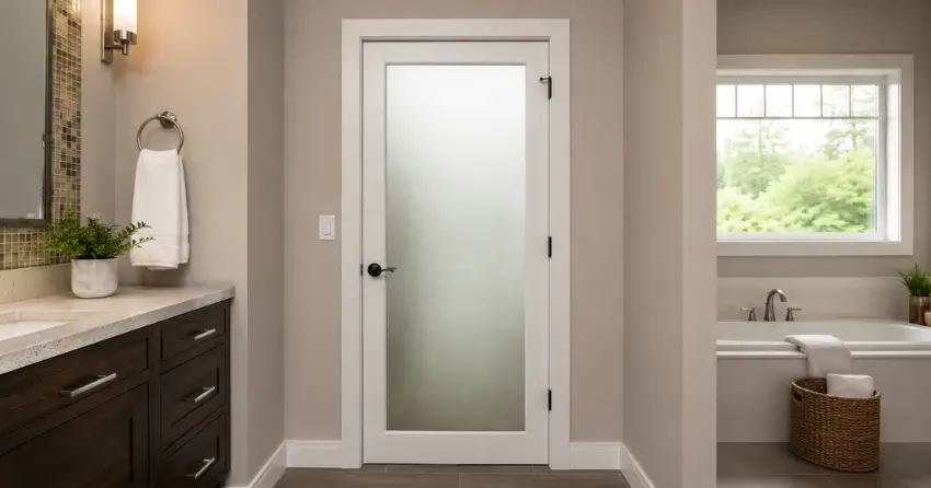 frosted glass panel bathroom door installed in a Freeman, Burlington home