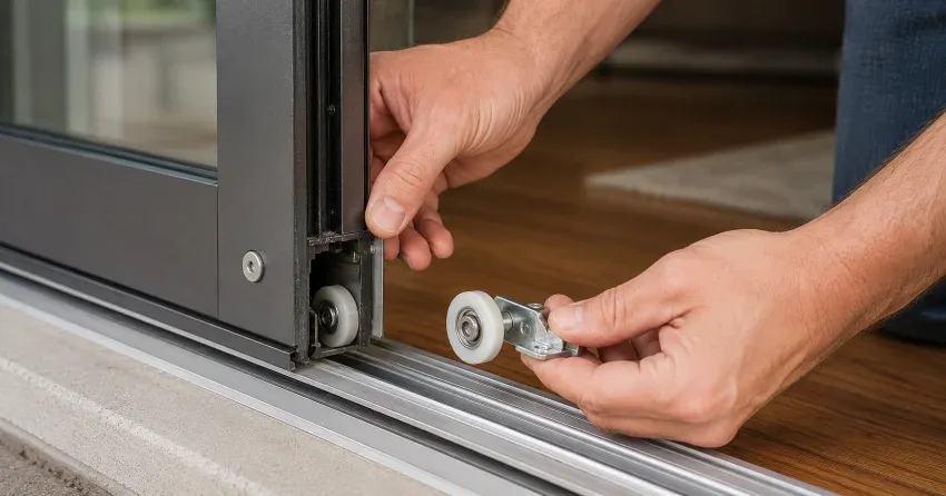 sliding door alignment Freeman, Burlington technician adjusting roller track