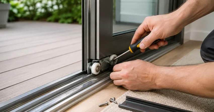 sliding door fix Burlington technician diagnosing track issue