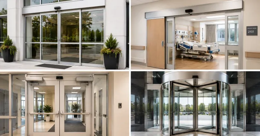 automatic door services technician completing system diagnostic in Burlington