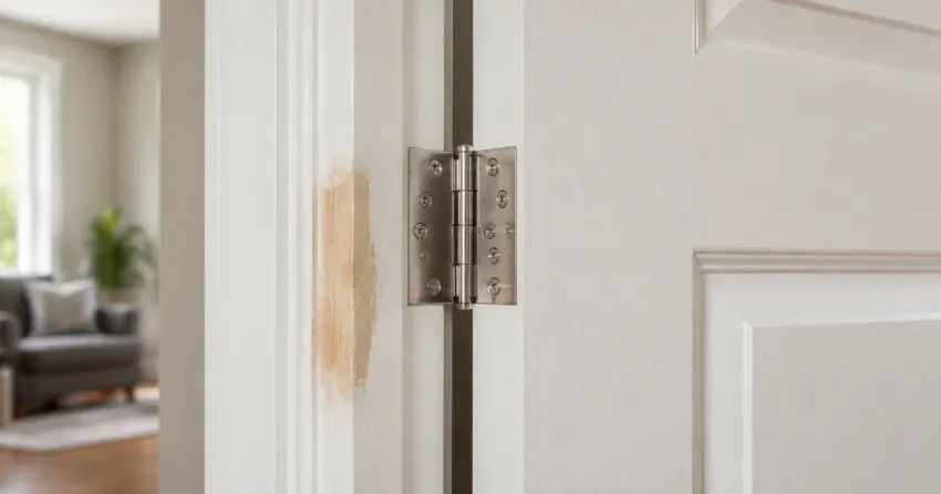 technician checking a warped door against a straightedge in Roseland, Burlington
