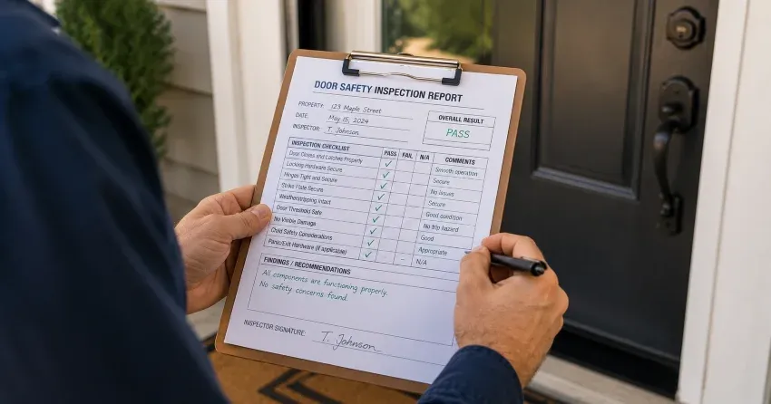 inspector checking strike plate and door frame during safety inspection in Maple, Burlington