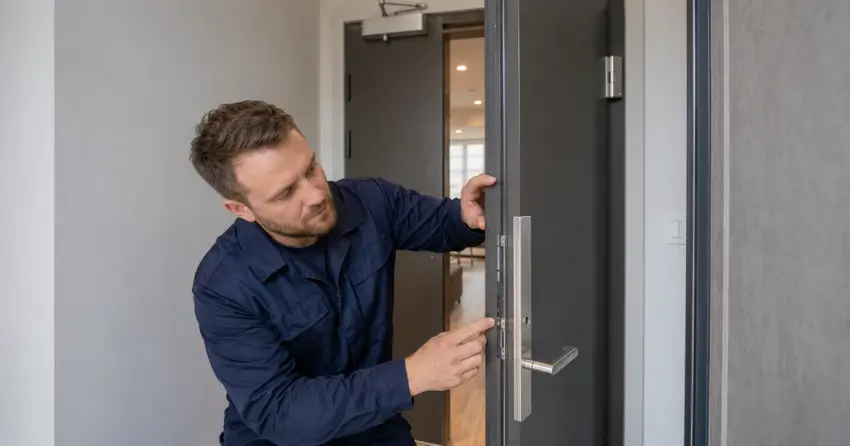 technician inspecting fire-rated door seal and hardware in Orchard, Burlington